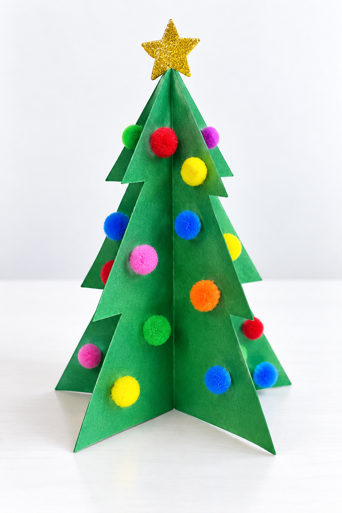A standing 3D green paper Christmas tree with colorful dots and a star on a white table.