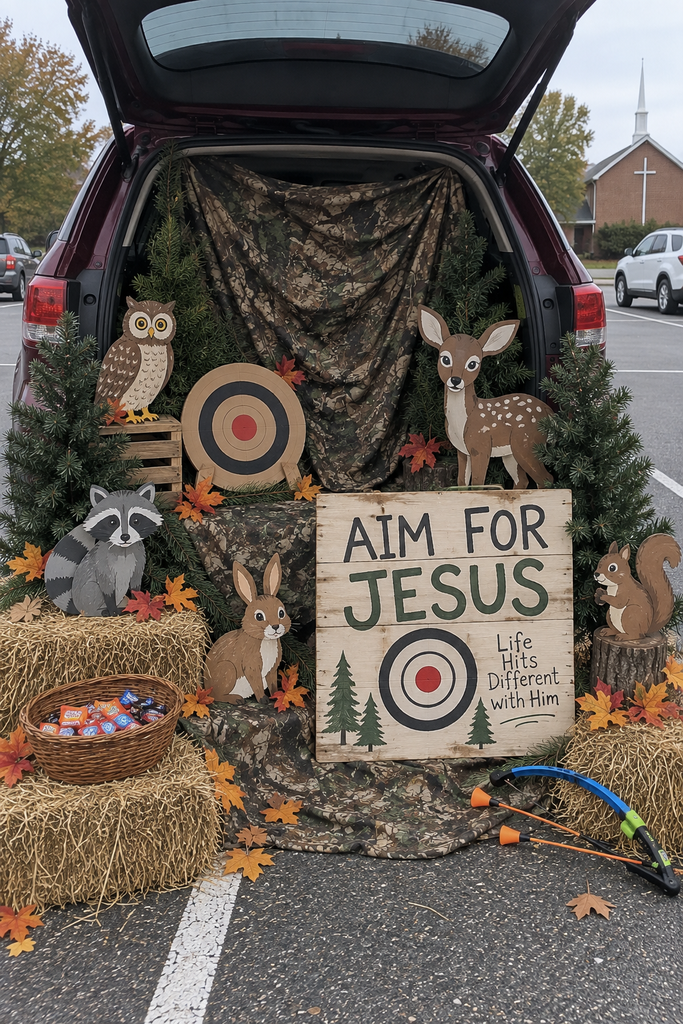 An open car trunk with a camo backdrop, an archery target, woodland cutouts, and an Aim for Jesus sign.