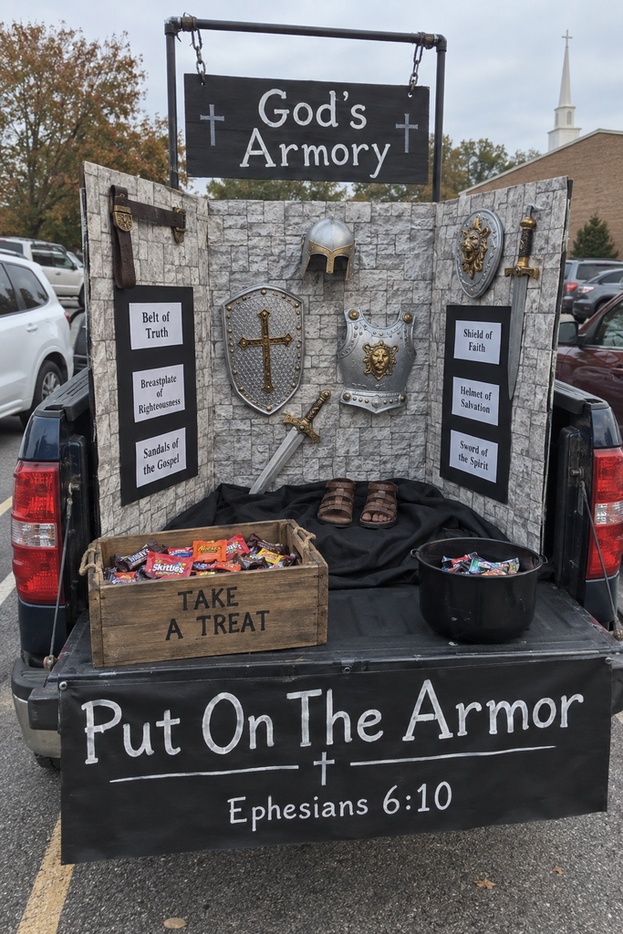 An open truck tailgate with a stone-wall backdrop, labeled pieces of play armor, and a Put On the Armor banner.