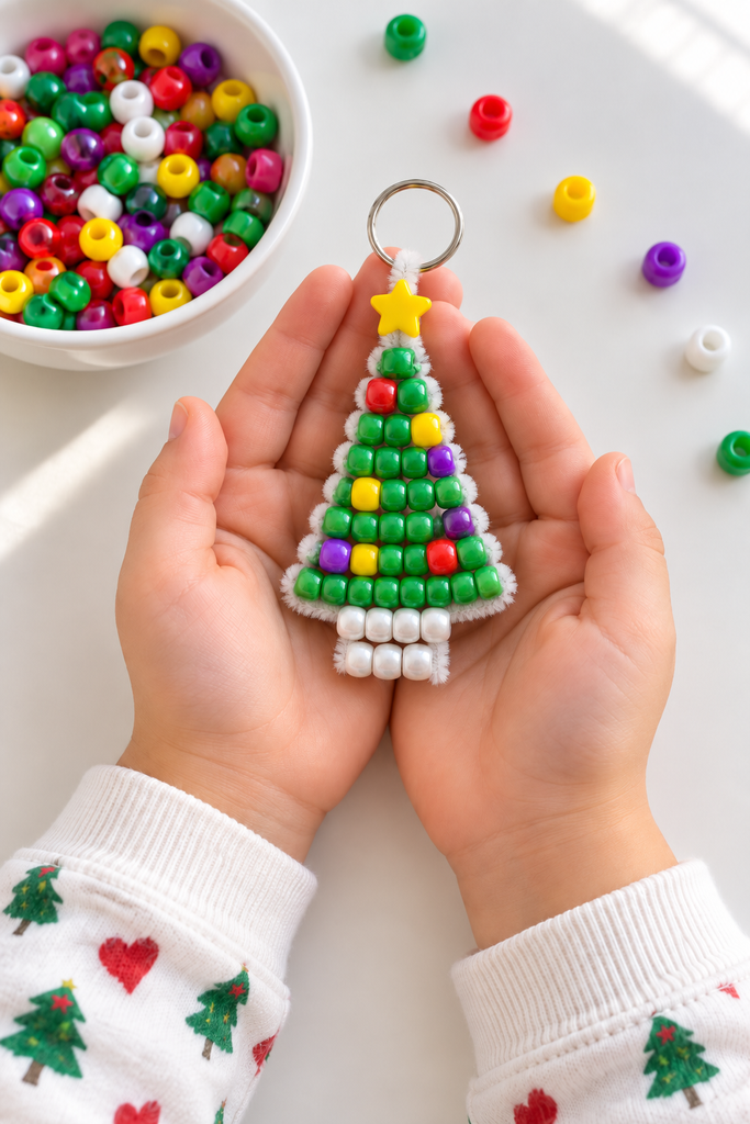 A child holding a green pony-bead Christmas tree keychain above a bowl of colorful beads.