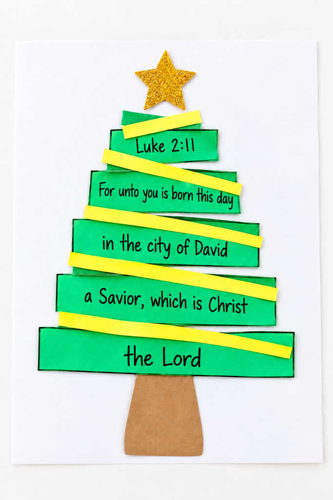 A Christmas tree made of green paper strips with Bible verse wording, yellow garland, and a gold star.