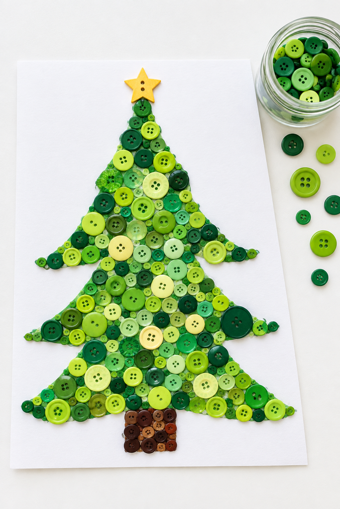 A Christmas tree made of green buttons on white card beside a jar of loose green buttons.