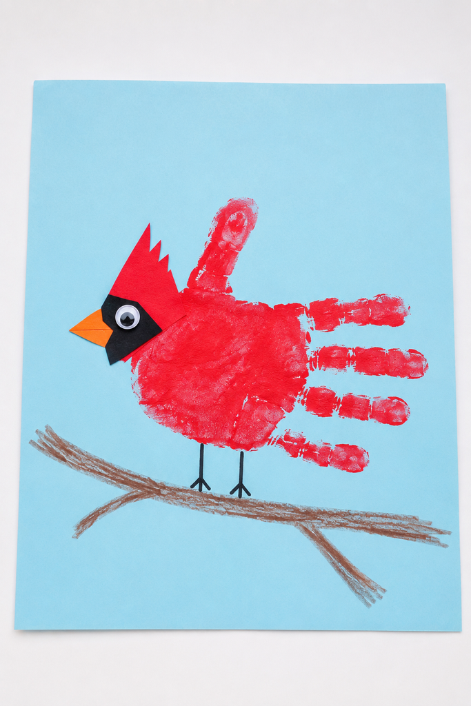 a cardinal handprint craft made from a red painted handprint with a crested head, a googly eye, an orange beak, and a black face patch, standing on a drawn brown branch on a white table