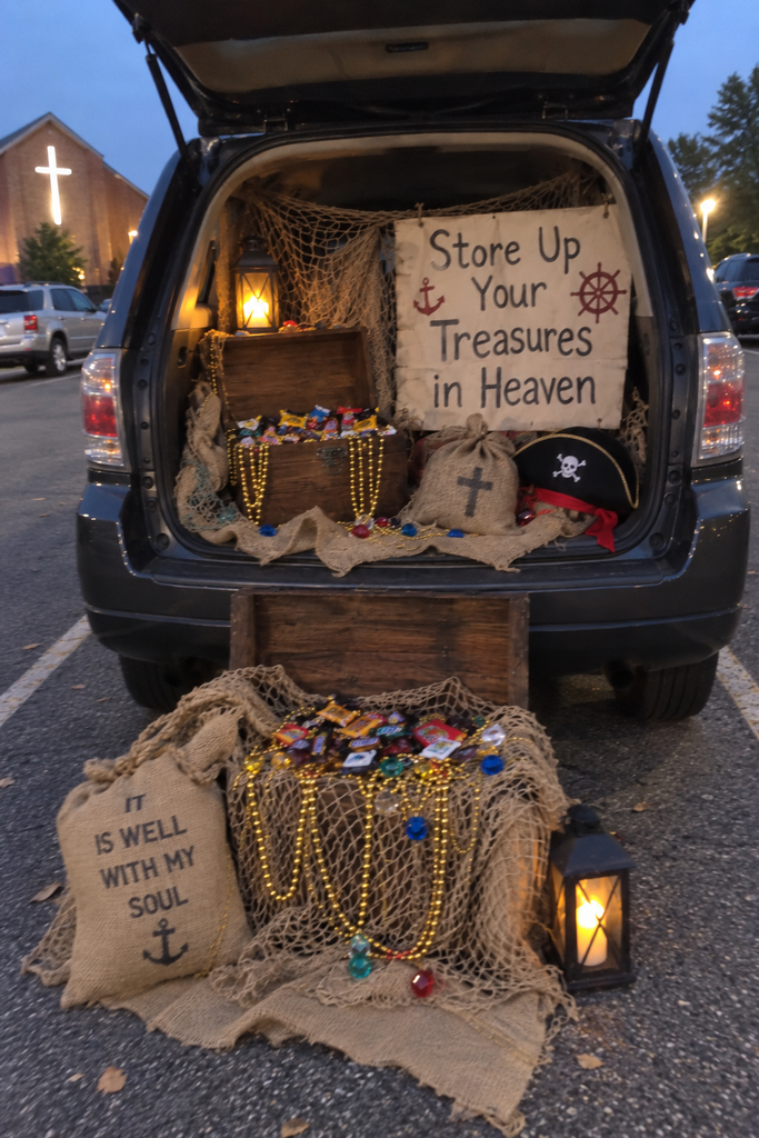 An open car trunk with a treasure chest of gold beads, burlap, a lantern, and a treasures in heaven sign.