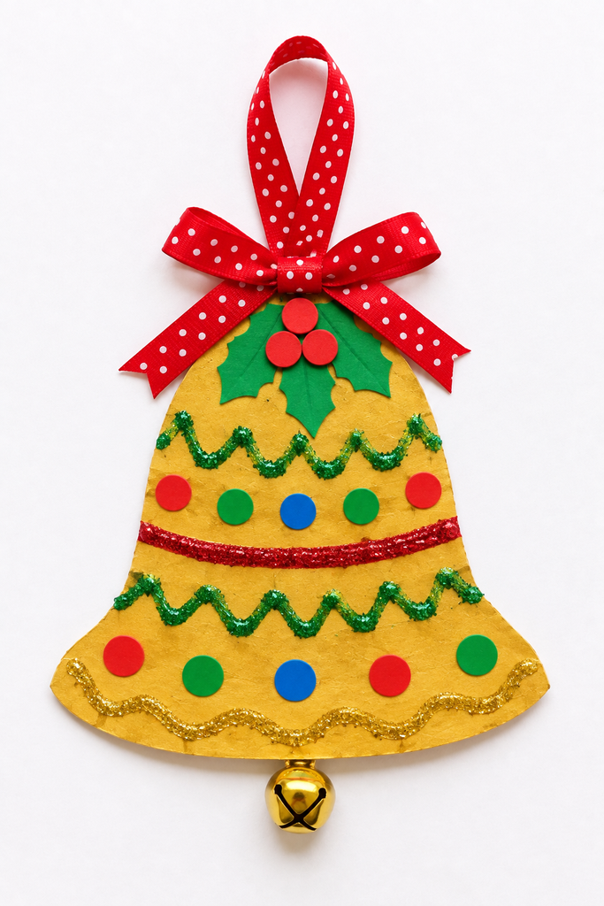 a gold paper Christmas bell craft decorated with glitter and dot stickers, with a paper bow, a jingle bell clapper, and a ribbon hanging loop on a white table