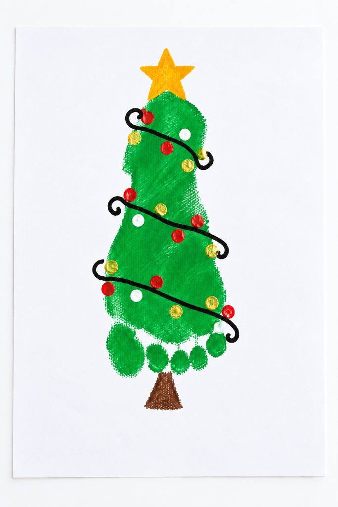 A green footprint Christmas tree on canvas with a star, swirled lights, and a year written below.