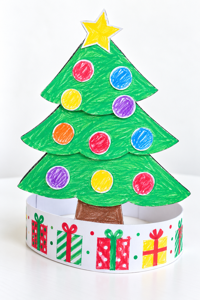 A paper Christmas tree hat with ornaments and a star mounted on a headband, propped on a white table.