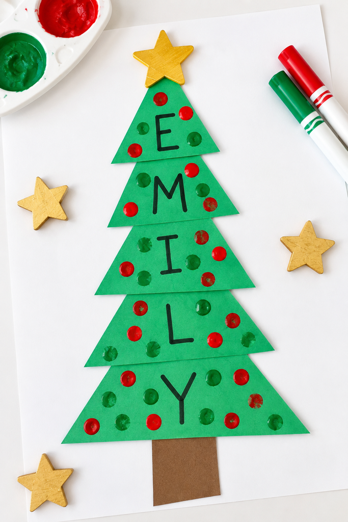 A green paper triangle Christmas tree spelling a name in letters, with dot ornaments and a gold star.