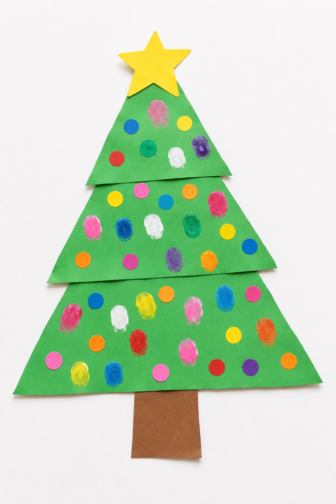 a green paper triangle Christmas tree craft with a brown trunk, a yellow star on top, and colorful dot and fingerprint ornaments on a white table
