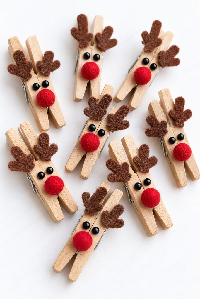 wooden clothespin reindeer with brown felt antlers, bead eyes, and red felt noses on a white table