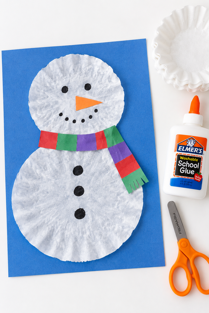 a coffee filter snowman on blue paper with dot eyes, an orange nose, a scarf, and buttons, with coffee filters, Elmer's glue, and Fiskars scissors staged beside it on a white table