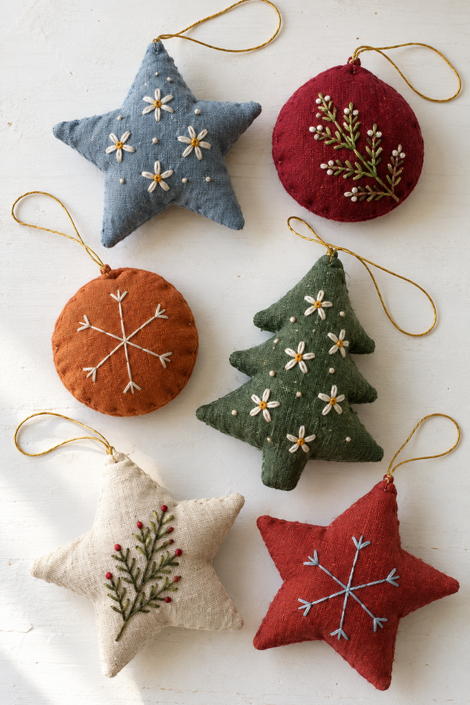 Six stuffed linen Christmas ornaments shaped like stars, a tree, and circles, with simple hand embroidery and gold cord loops