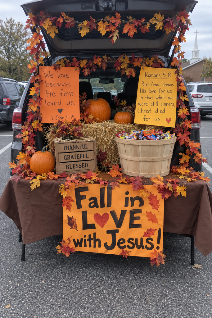 An open car trunk with fall leaves, pumpkins, a harvest basket, and a Fall in Love with Jesus sign.