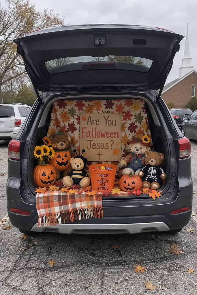 An open SUV trunk with costumed teddy bears, jack-o'-lanterns, and fall leaves at a church trunk-or-treat.