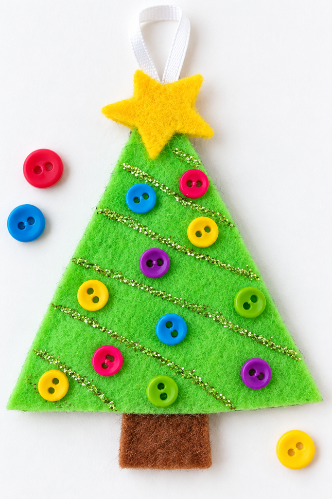 A green felt Christmas tree with glitter garland, colorful buttons, and a yellow felt star.