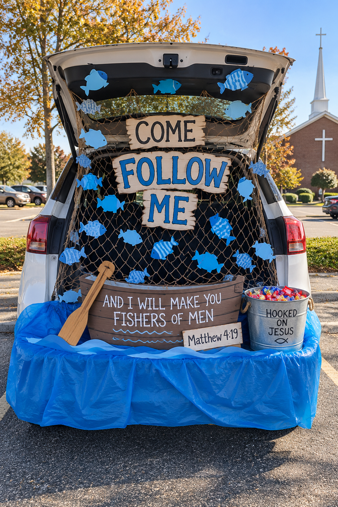 An open car trunk with a fishing net, blue paper fish, a boat, and a fishers of men sign.