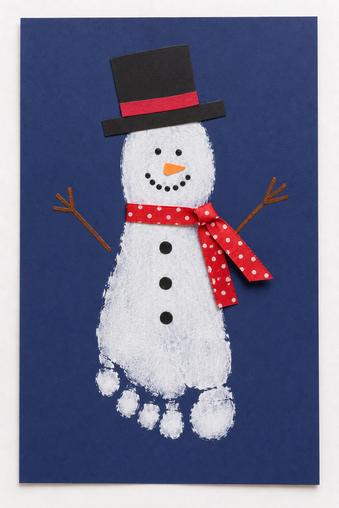 a white footprint snowman on blue paper with a hat, dot buttons, and stick arms