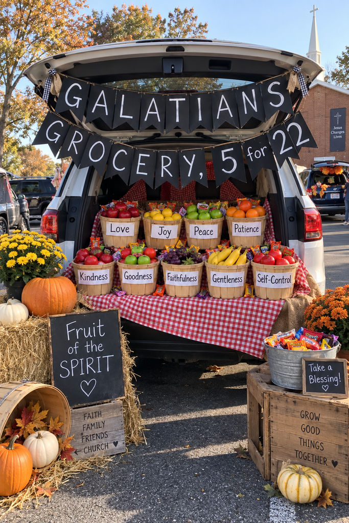 An open car trunk set up as a fruit stand with labeled fruit baskets and a Galatians Grocery banner.