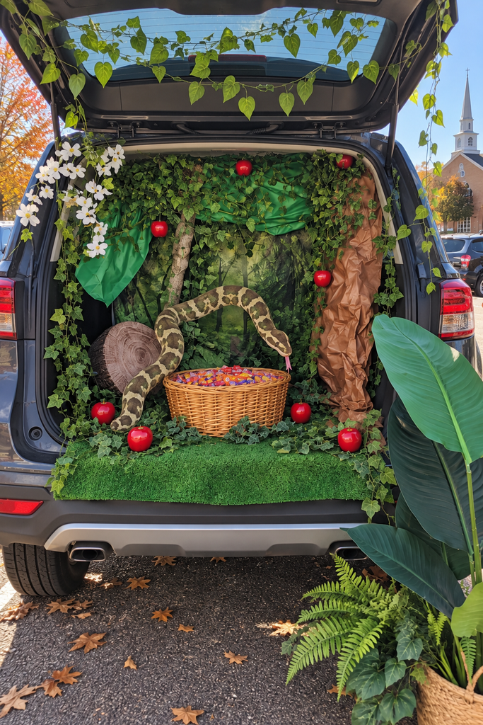 An open car trunk decorated as a lush garden with vines, red apples, a basket, and a play snake.