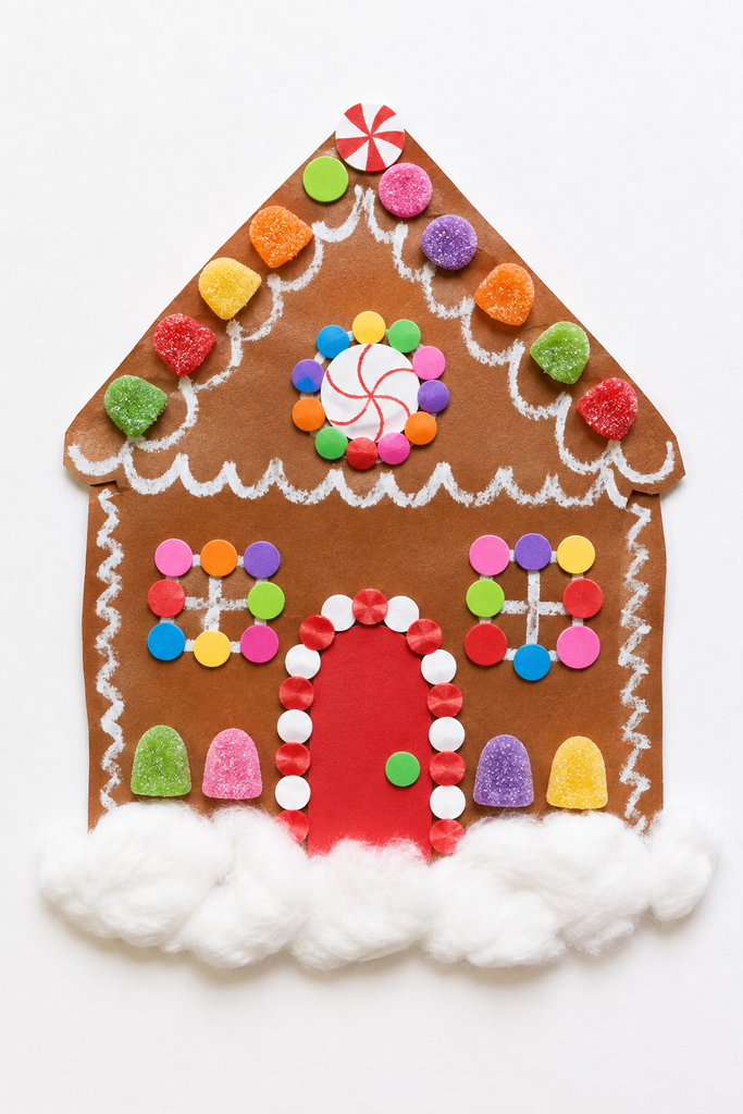 a brown paper gingerbread house craft with white drawn icing, colorful paper candies and gumdrops, a door, and a cotton snow drift on a white table