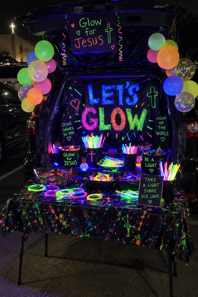 An open car trunk glowing with neon and black light, a Let's Glow banner, and a balloon arch at night.