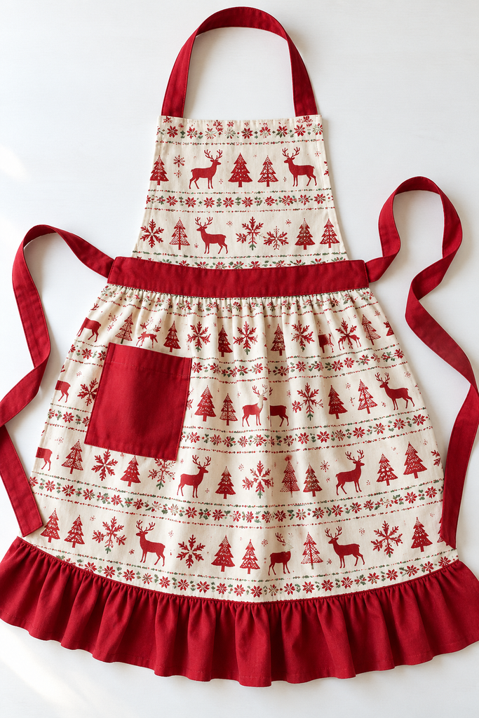 Cream bib apron with a red tree and reindeer print, red waistband, ties, neck strap, pocket, and ruffled hem laid flat