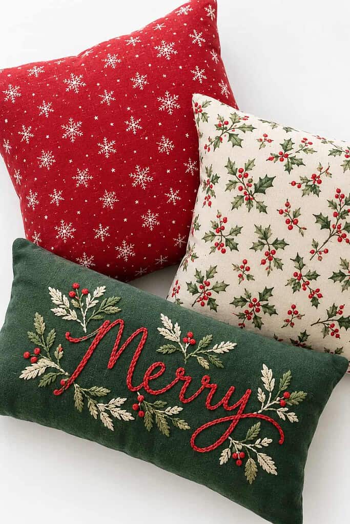 Three handmade Christmas pillows, including a green lumbar pillow embroidered with Merry in red, a red snowflake pillow, and a cream holly pillow