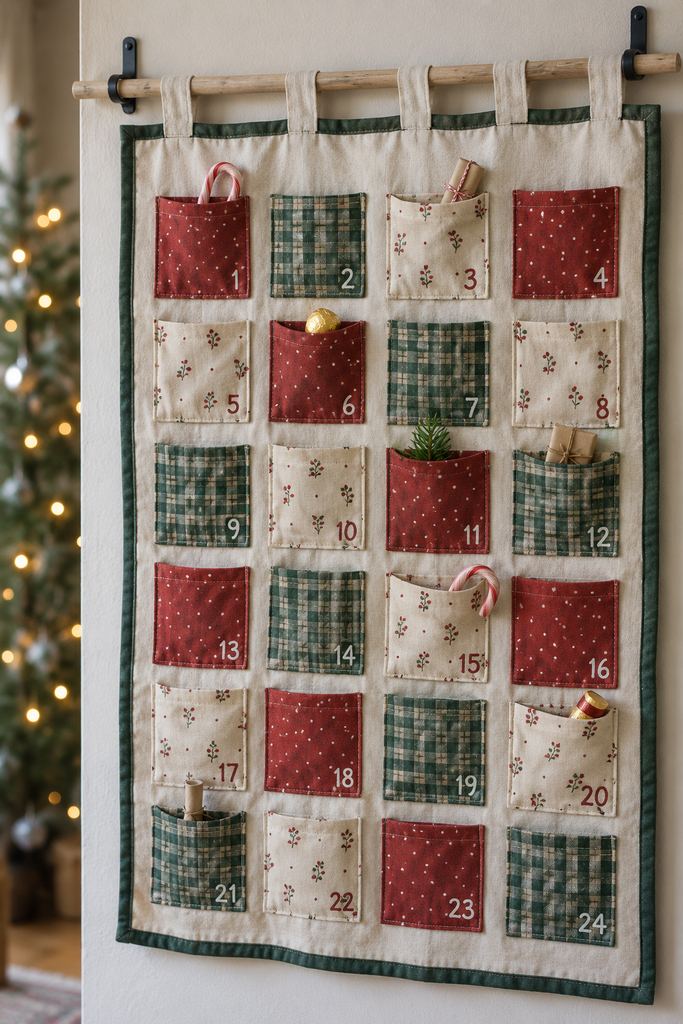 Cream canvas advent calendar with green binding and 24 small hand-numbered red, green check, and cream pockets hanging on a wall
