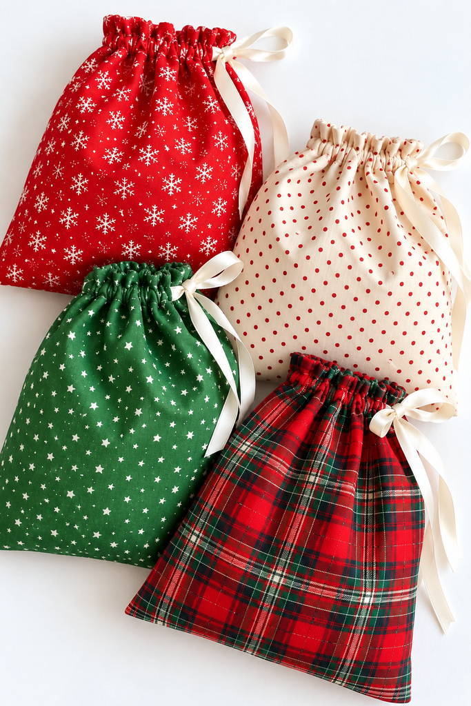 Four drawstring fabric gift bags in red, cream, green, and plaid Christmas prints tied with ivory satin ribbon