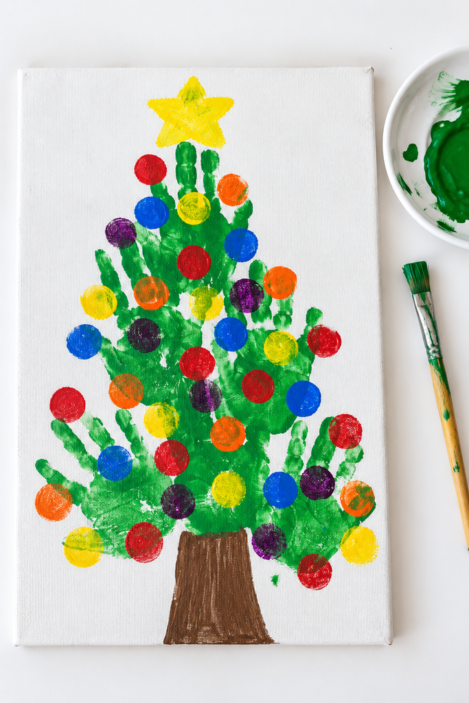 A green handprint Christmas tree on canvas with dot ornaments beside green paint and a brush.
