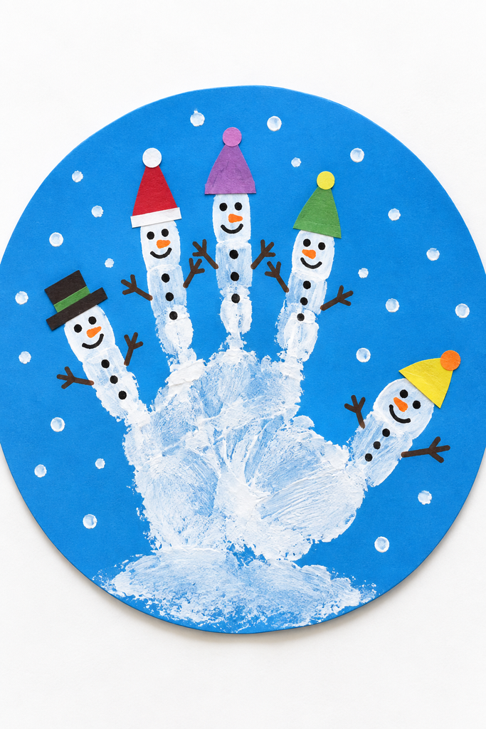a handprint snowman craft with a white painted hand on blue paper, each finger a little snowman with a hat and face on a white table