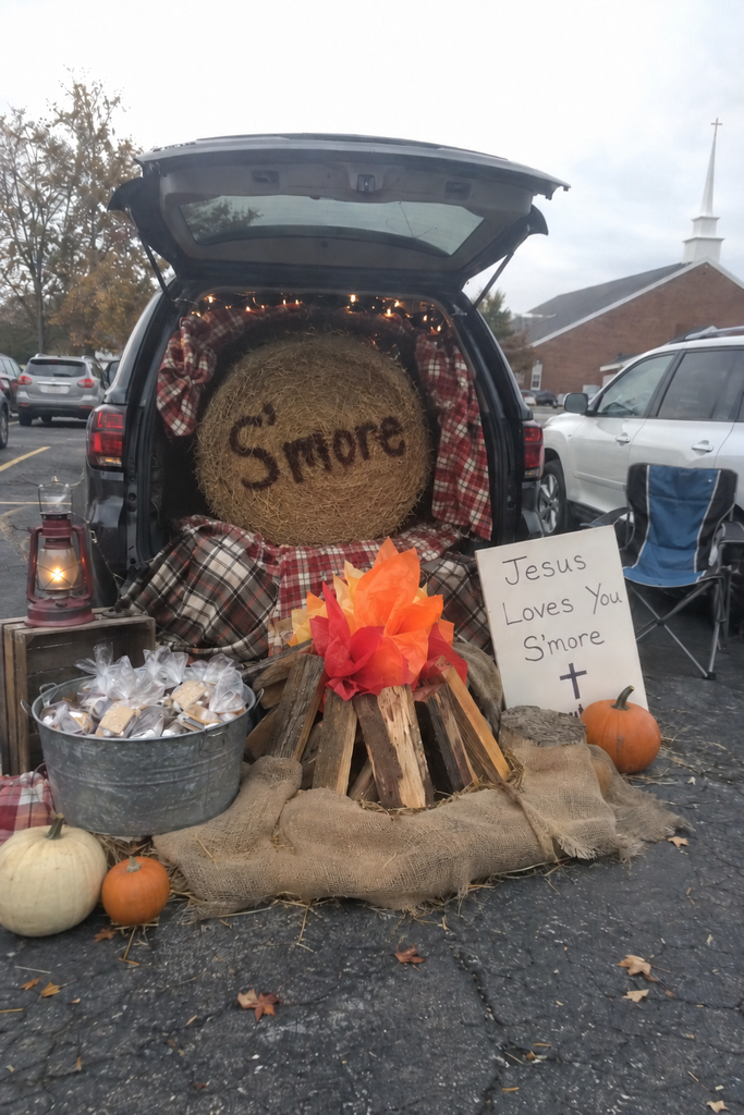 A trunk display with a faux campfire, a hay bale reading S'more, and a Jesus Loves You S'more sign.
