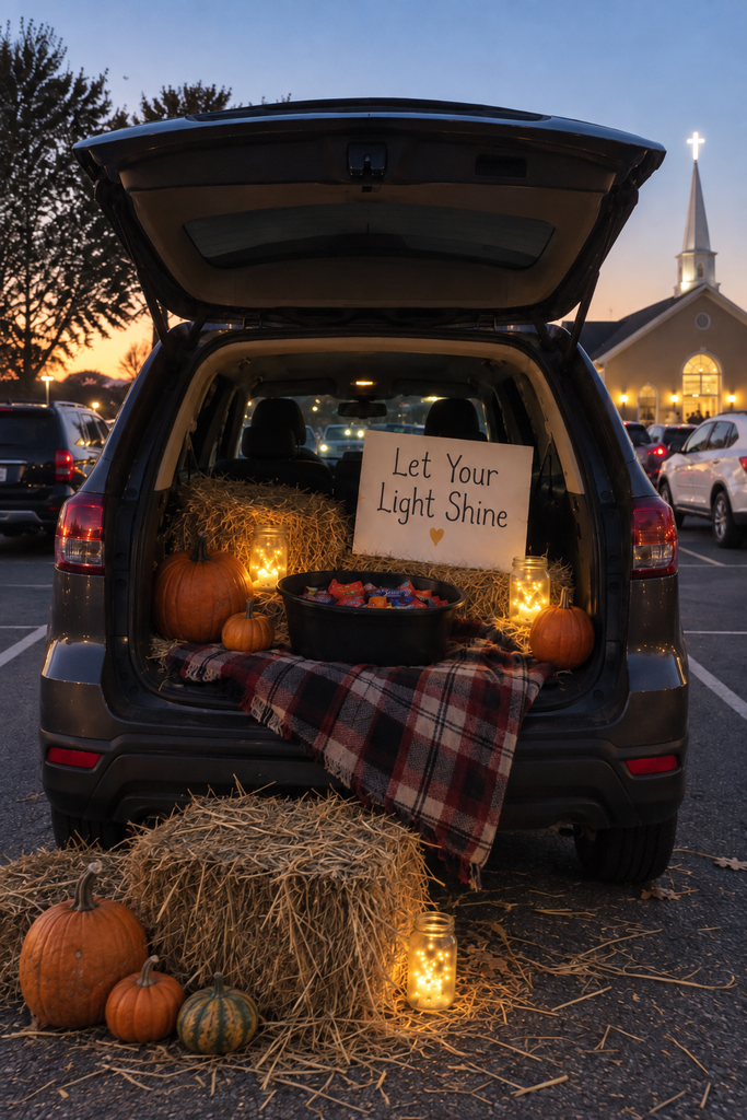 An open SUV trunk at dusk with glowing mason jars, hay bales, pumpkins, and a Let Your Light Shine sign.
