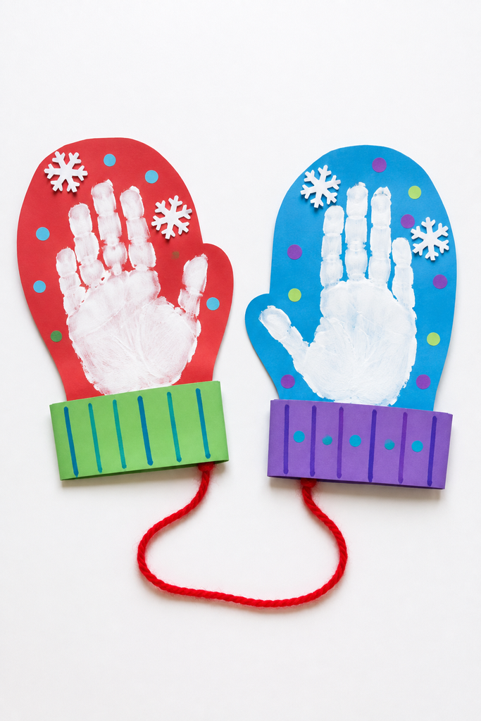 a pair of paper mitten crafts with white painted handprints, folded cuffs, and simple decorations joined by a length of yarn on a white table