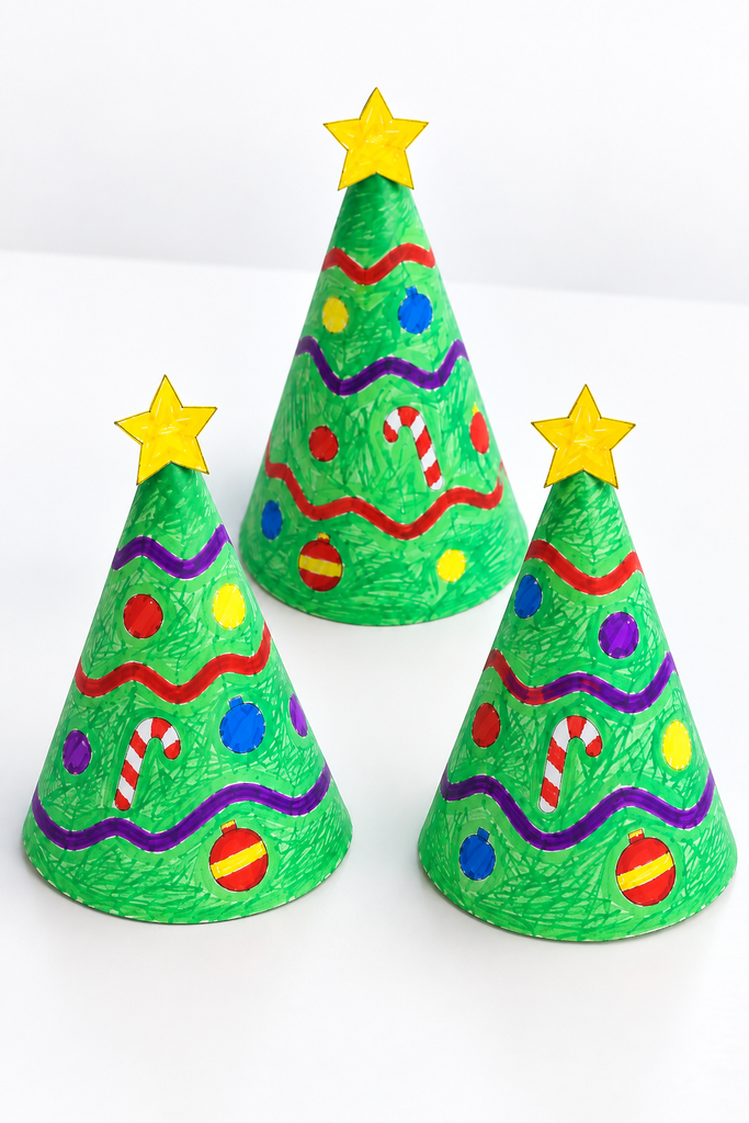 Three green paper cone Christmas tree standing in a bright white table