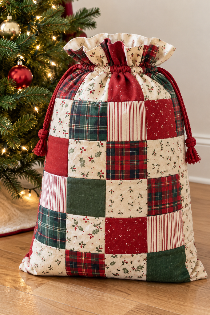 Patchwork Santa sack in red and green plaid, stripe, and cream print squares with a red cord drawstring and tassels