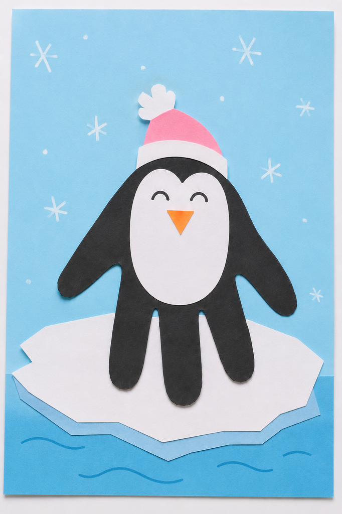 a black handprint penguin with a white belly, orange beak, and pink knit hat standing on a paper ice floe on blue paper