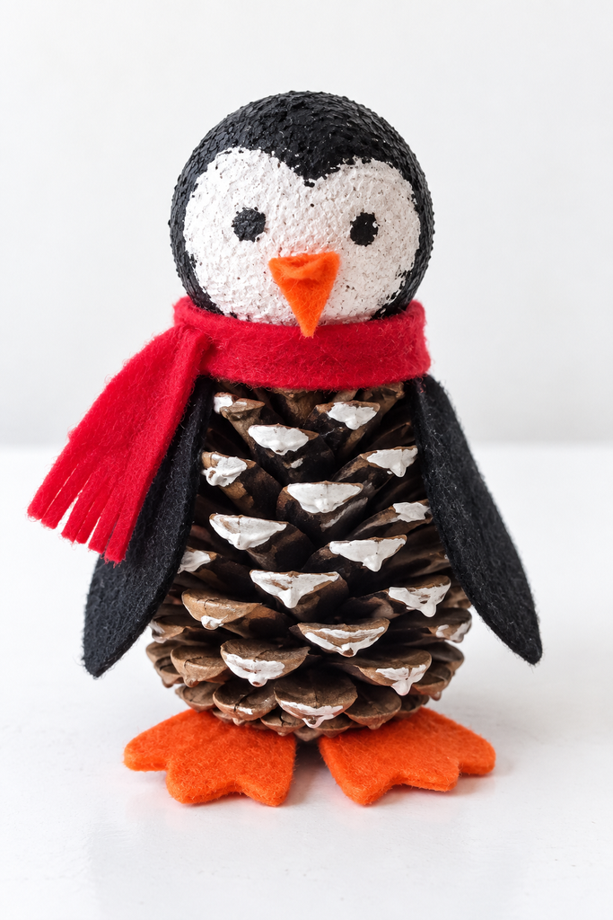 A pinecone penguin with a painted foam head, red felt scarf, black wings, and orange feet standing on a white table.