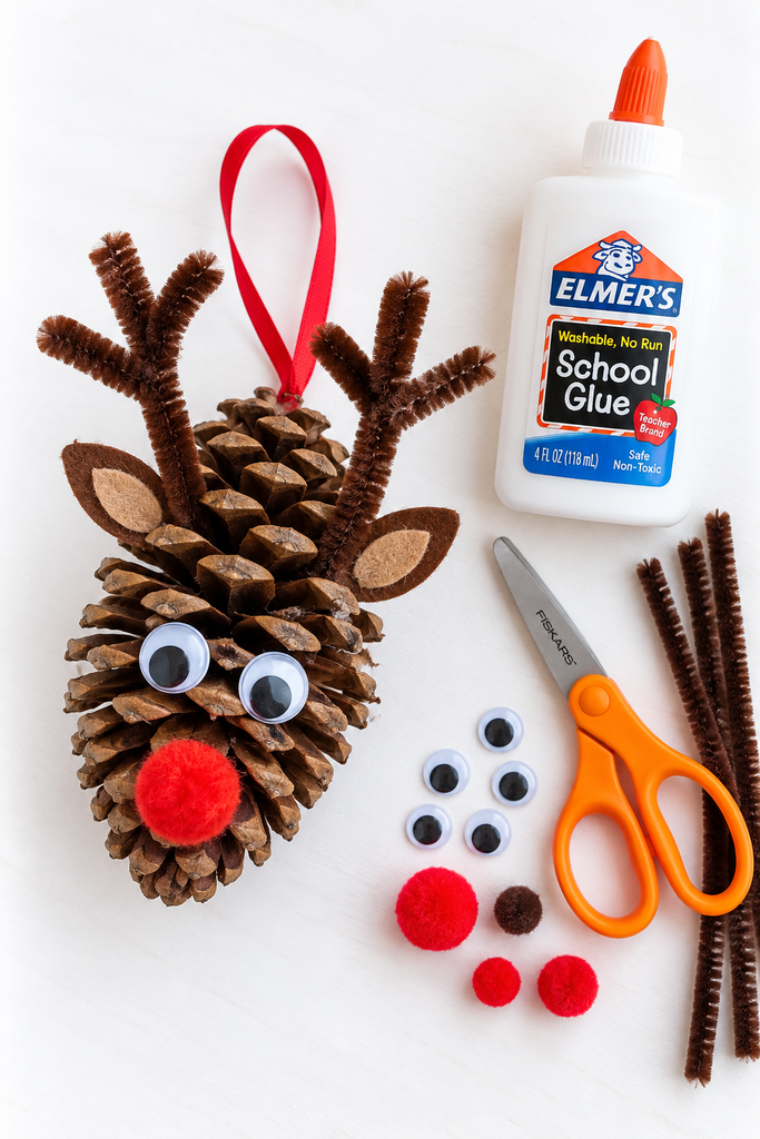a pinecone reindeer with pipe cleaner antlers, felt ears, googly eyes, and a red pom-pom nose, with Elmer's glue, Fiskars scissors, and pipe cleaners staged beside it on a white table