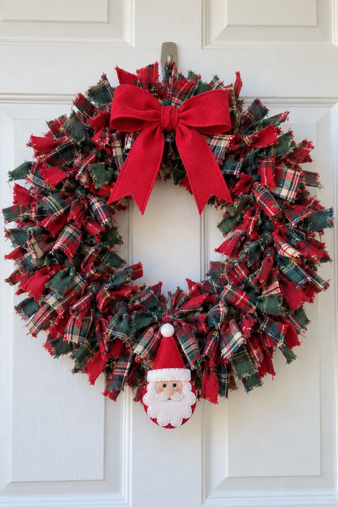Fluffy red and green plaid rag wreath with a red bow and a small felt Santa hanging on a white front door