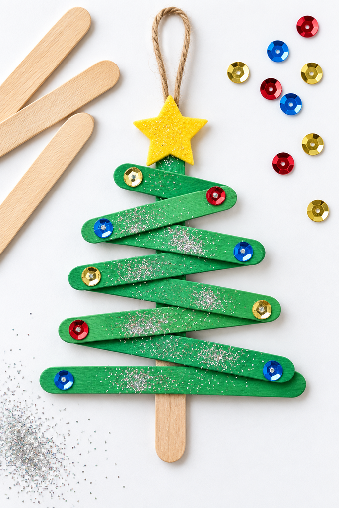 A green craft-stick zigzag Christmas tree with sequins and a felt star beside plain sticks and sequins.
