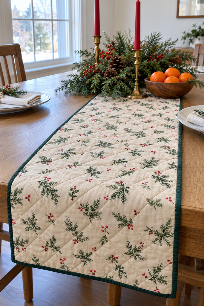 Cream quilted Christmas table runner with an evergreen and red berry print, diamond quilting, and dark green binding on a wooden dining table