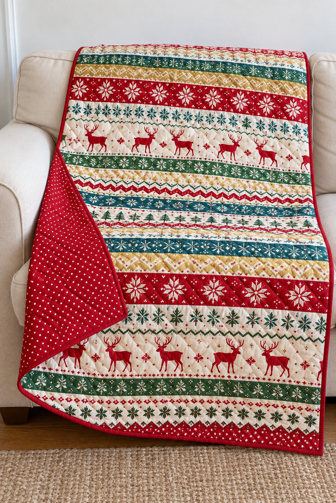 Quilted throw with red, green, teal, and gold Nordic stripes draped over a cream couch with one corner turned back to show a red polka dot back