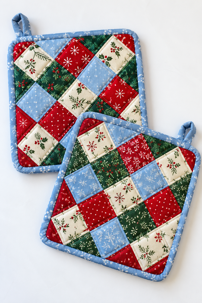 Two quilted patchwork potholders with red, green, cream, and light blue squares set on point and light blue binding