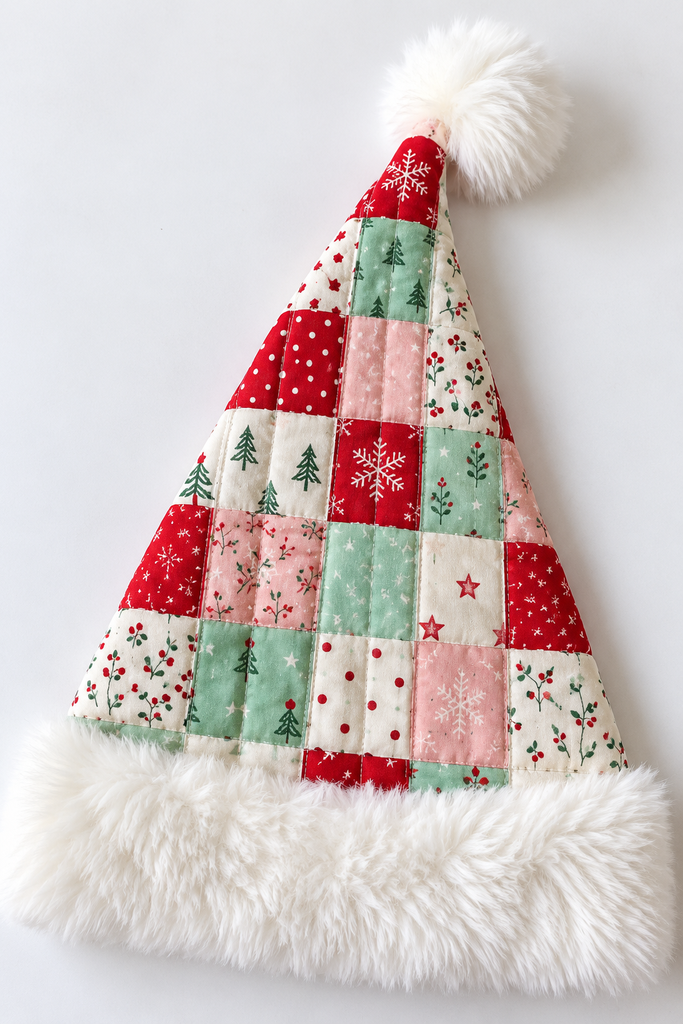 Quilted patchwork Santa hat in red, mint, pink, and cream prints with a white faux fur band and pom-pom