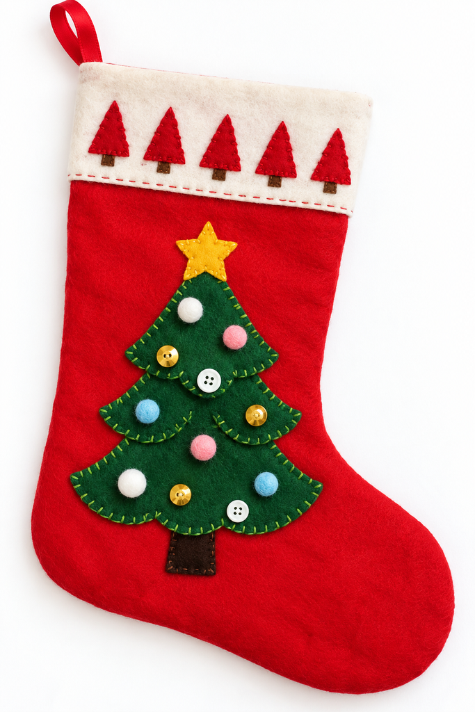 Red felt Christmas stocking with a green appliqué tree, yellow star, button ornaments, and a white cuff with small red trees
