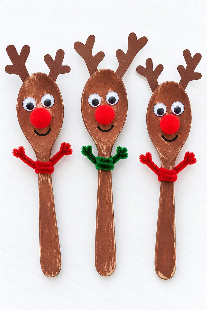 three handmade wooden spoon reindeer crafts painted brown with antlers, googly eyes, and red pom-pom noses on a white table