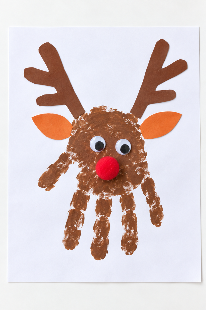 a reindeer handprint craft made from a brown painted handprint with paper antlers, googly eyes, and a red pom-pom nose on a white table