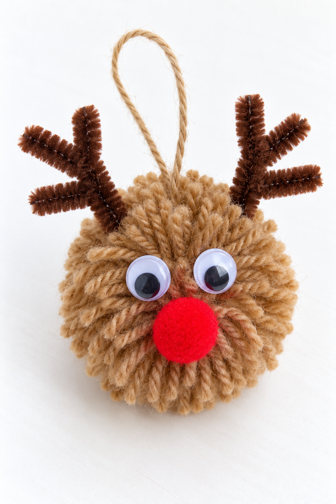 a fluffy tan yarn pom-pom reindeer with brown pipe cleaner antlers, googly eyes, a red pom-pom nose, and a hanging loop on a white table