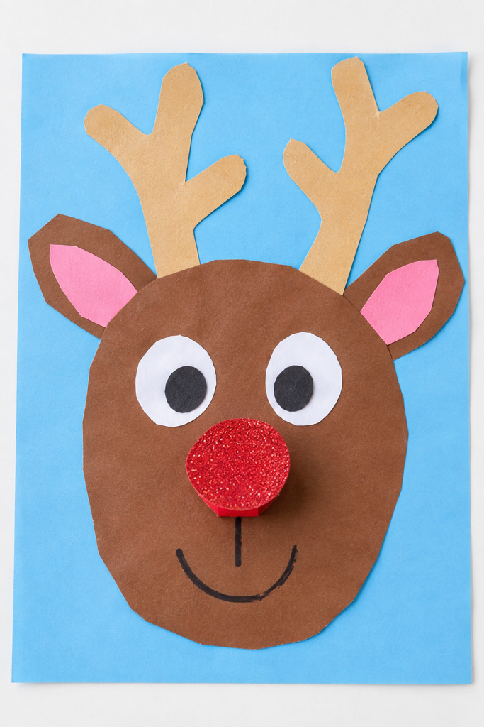 a paper Rudolph reindeer craft with tan antlers, big eyes, and a raised red glitter pop-out nose on a blue background on a white table